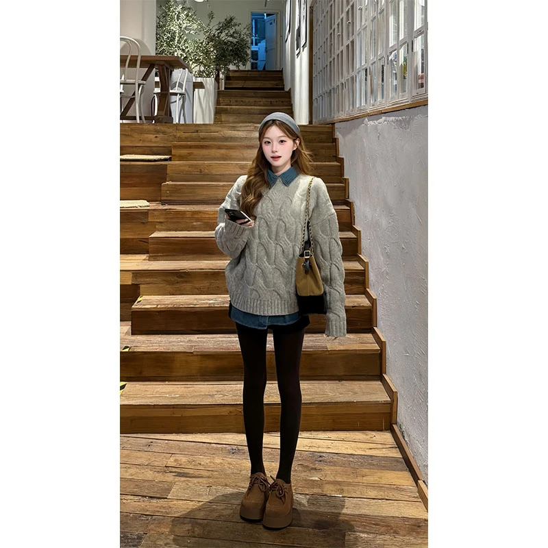 2025新款女士秋冬季高级感韩系慵懒风针织毛衣麻花宽松套头上衣