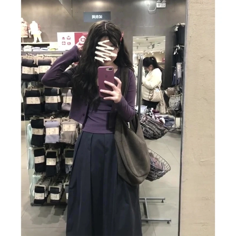 2025春季新款女韩系穿搭修身长袖开衫显瘦百搭吊带高腰百褶半身裙