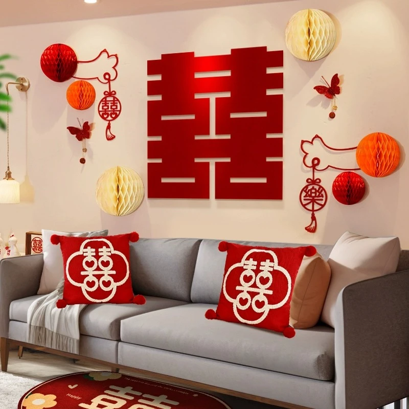 婚房布置男方卧室女方背景墙套装客厅沙发房间拉花结婚新房装饰