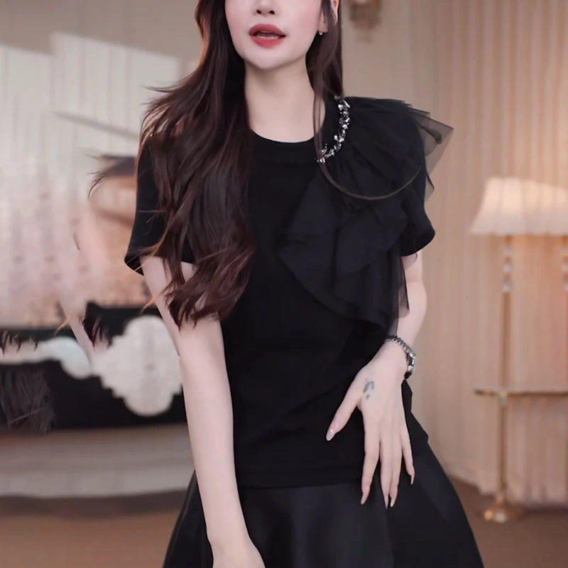 黑色时尚短袖休闲t恤女2025夏季新款宽松洋气减龄拼接设计感上衣
