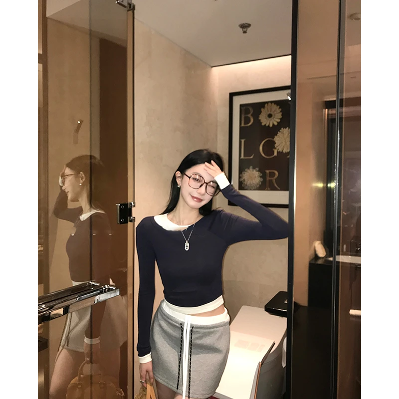 高级感时尚设计拼接假两件修身长袖上衣高腰休闲长裤包臀半身裙女