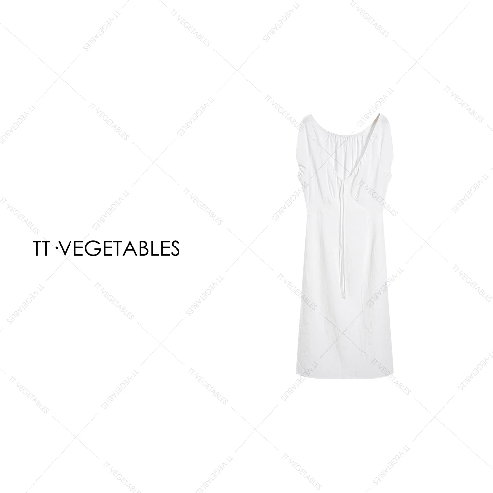 TT・VEGETABLES【序白】美亚  纯棉V领长款连衣裙收腰长裙512040