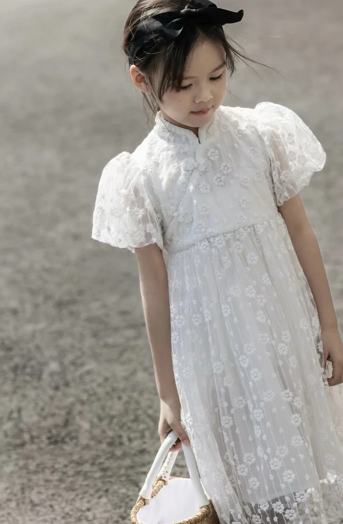 夏款女童白色连衣裙 7029青系