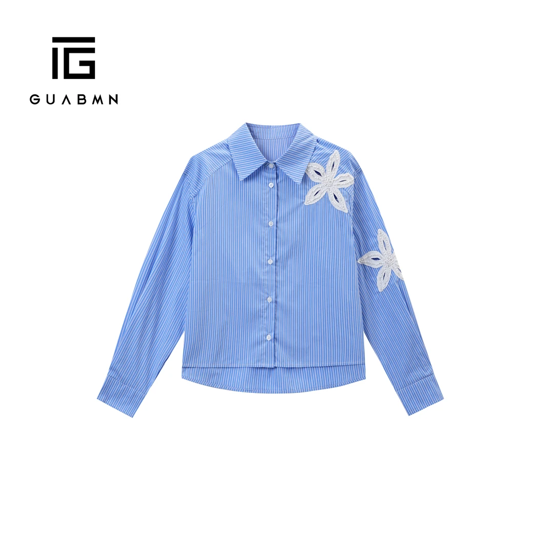 GUABMN2025秋季新款设计感镂空花朵翻领不规则条纹开衫衬衫5630