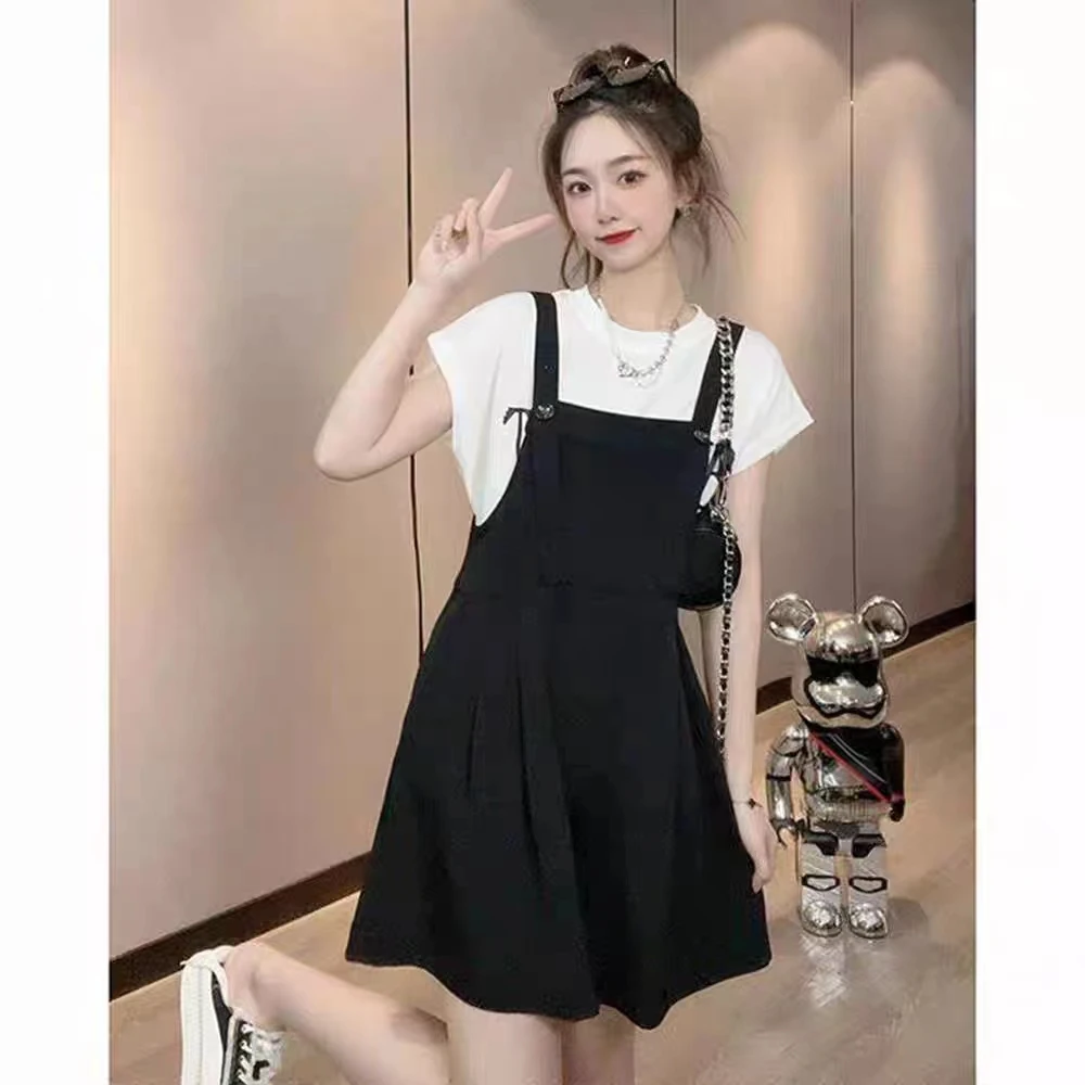 时尚休闲短裤女夏季新款宽松高腰显瘦减龄百搭黑色直筒垂感背带裤