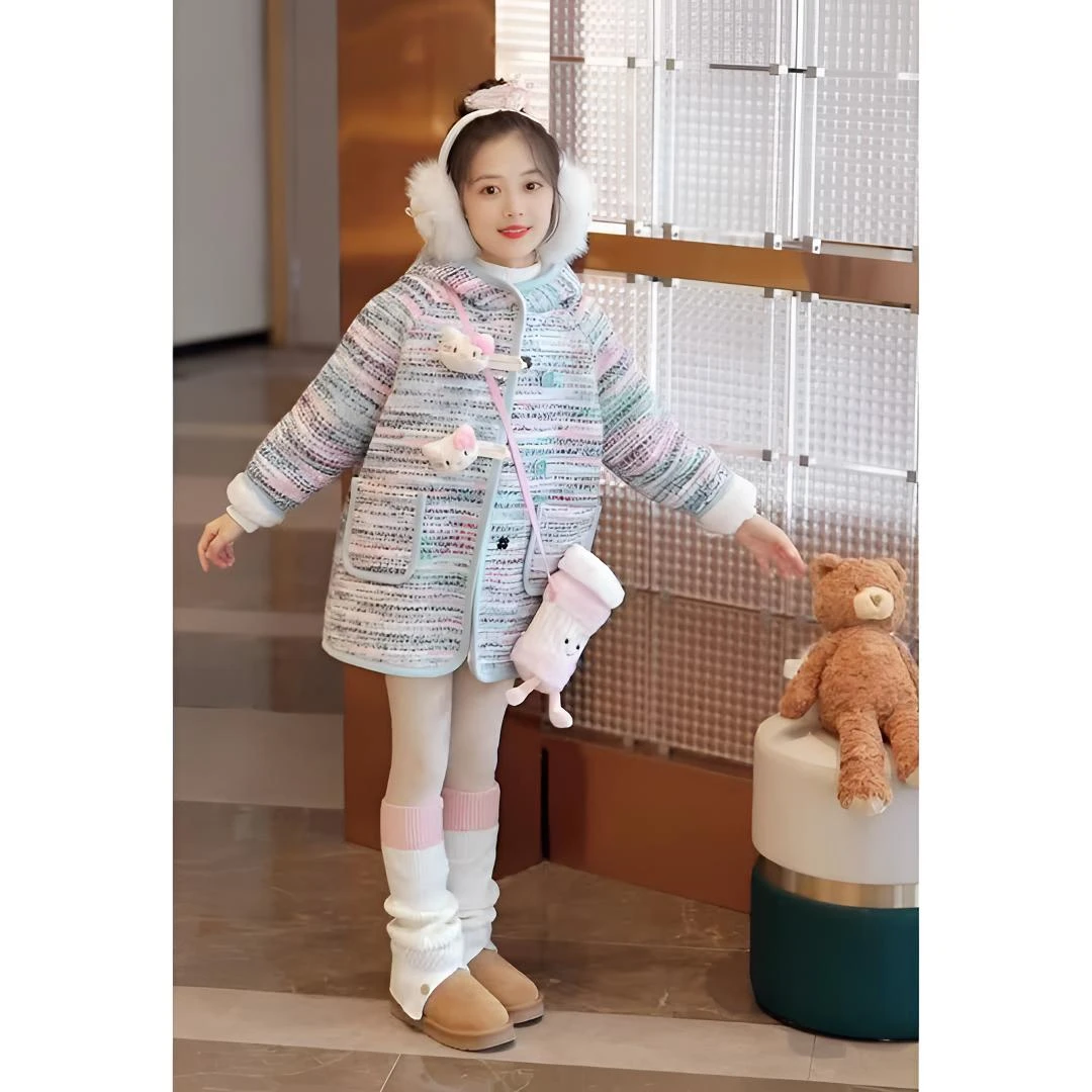 公主童装女童加绒防风外套2025秋冬新款时尚儿童保暖中长款上衣潮