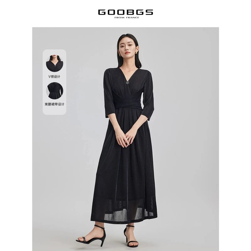 【谷邦L+】谷邦GOOBGS 黑色V领收腰连衣裙 G3241091