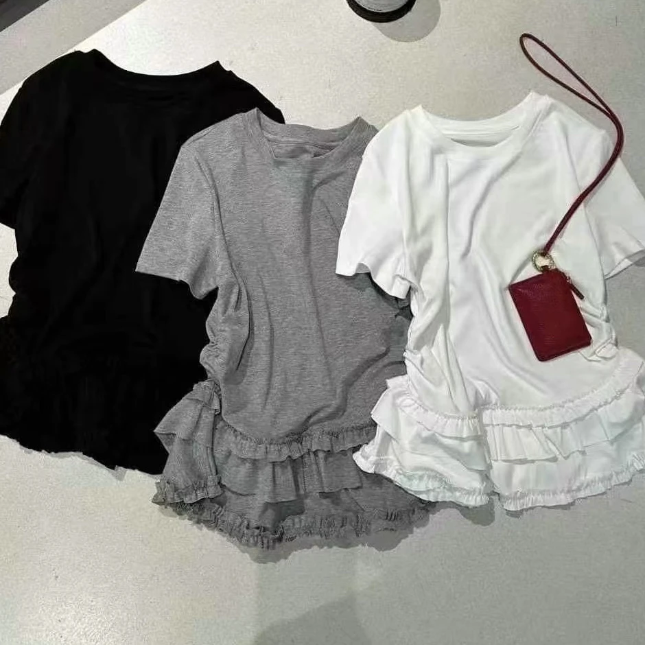 下摆荷叶花边拼接圆领短袖T恤女春夏2025新款设计感修身内搭上衣