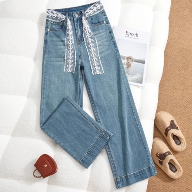 海蓝色高腰蕾丝系带牛仔裤宽松直筒版型春季新款修饰腿型显瘦裤子