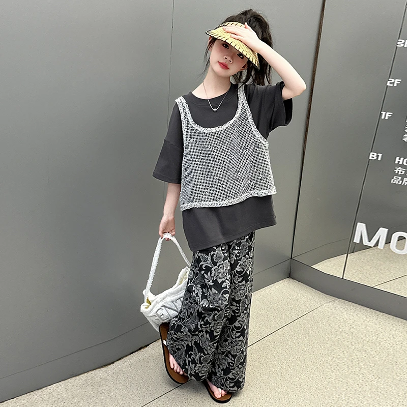 女童夏季套装2025新款洋气中大童短袖网红镂空马甲夏装儿童三件套