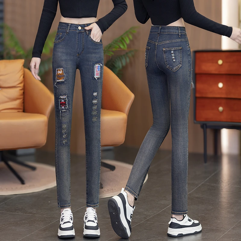 破洞休闲小个子高腰牛仔裤女2025年大码春秋冬季新款显瘦九分裤女