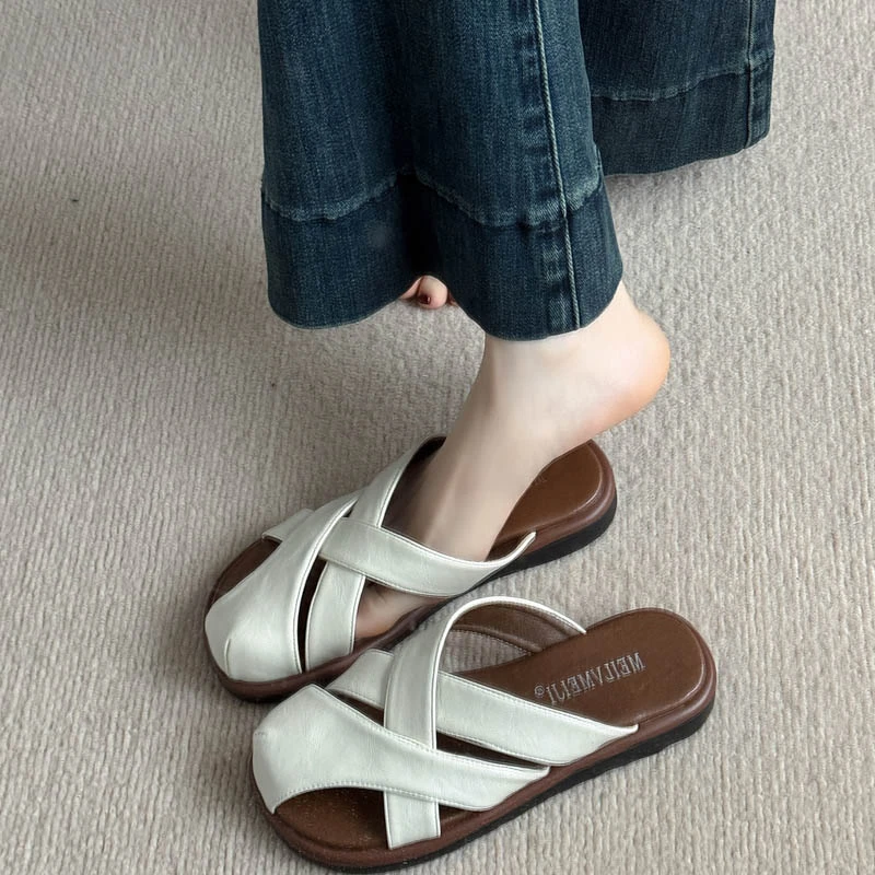 2025新款夏季厚底包头半拖鞋女外穿镂空编织配裙子罗马凉拖沙滩鞋