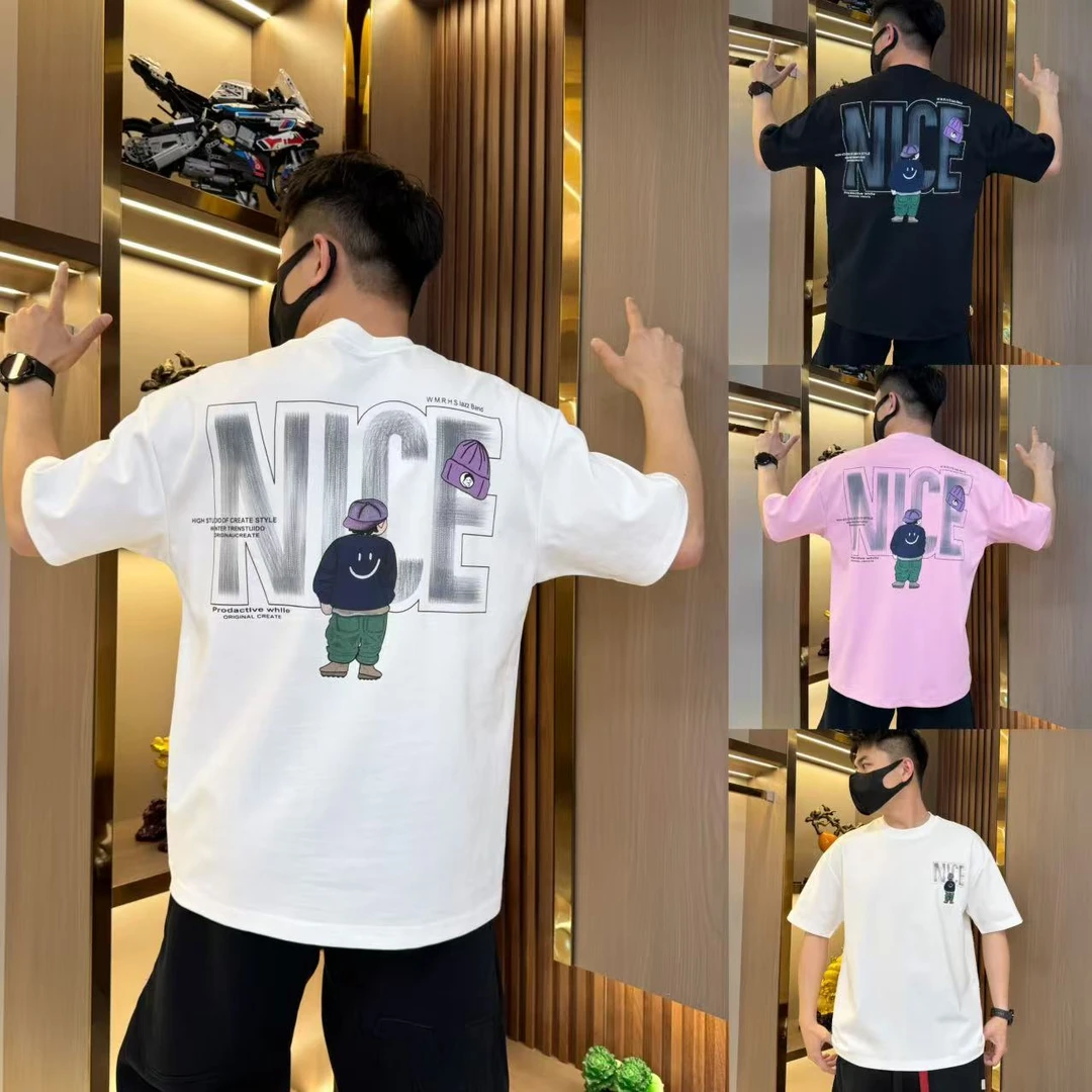 夏季短袖男t恤彩绘字母人物图案2025年新款青年宽松个性百搭圆领