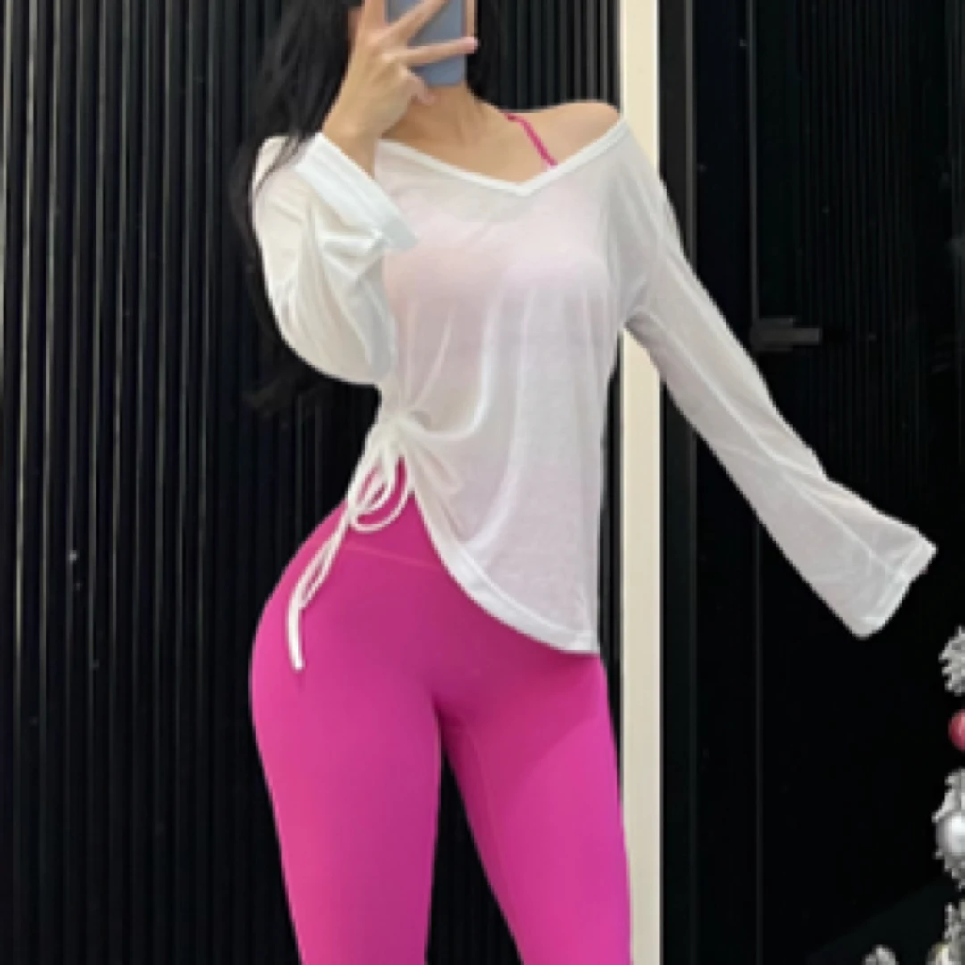 瑜伽罩衫长袖遮臀女褶皱抽绳t恤宽松休闲秋季健身瑜伽服