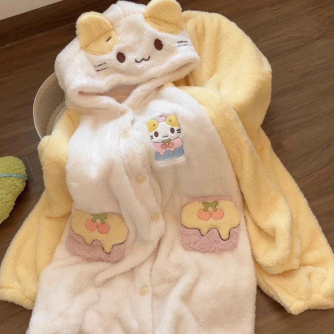 多巴胺棉花糖猫睡袍女冬季新款卡通加绒保暖珊瑚绒家居服套装yw