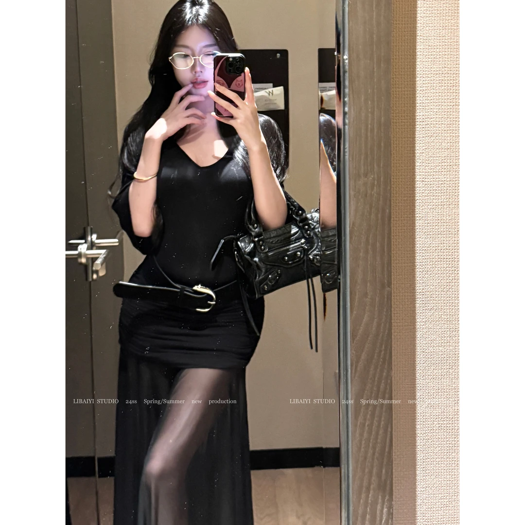 现货LIBAIYI Jennie灵感/纯欲百搭网纱透视感显身材连衣裙1756