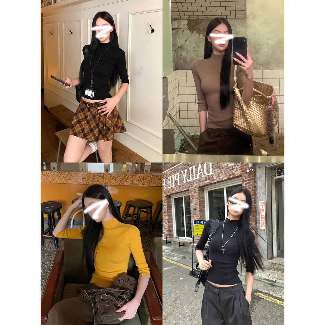 显瘦时尚设计感常规款立领基础款纯色秋季毛针织衫复古打底衫上衣