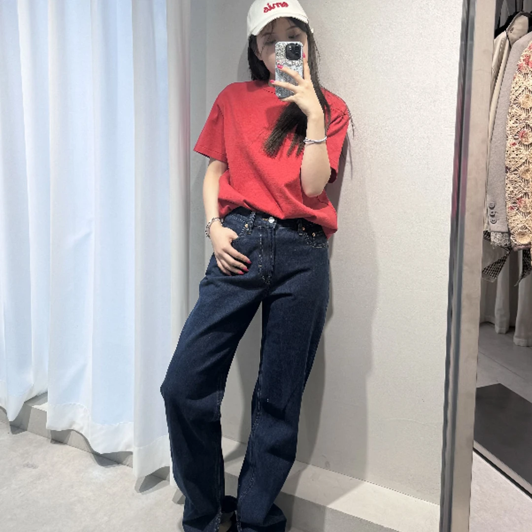 JINSROOM早春新款深蓝开叉直筒牛仔裤水百搭宽松休闲