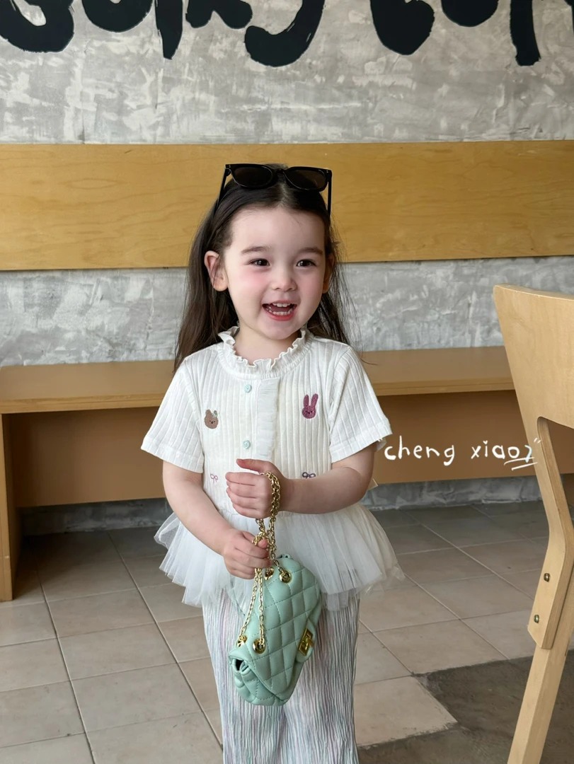 橙小七2025夏季新款韩版女小童荷叶领短袖T恤儿童洋气轻薄防蚊裤