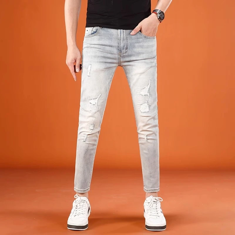 Cebrodz2025新款破洞裤子潮牌时尚九分牛仔裤男夏季薄款修身小脚