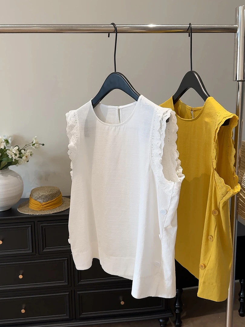 洋气飞飞袖亚麻衬衫女2025夏季新款短袖薄款宽松休闲圆领上衣T恤