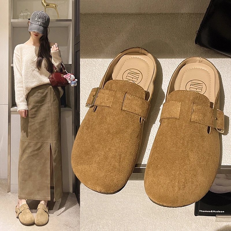 半托韩版磨砂百搭纯色平底小众复古包头拖包头软底中跟搭扣奶奶拖