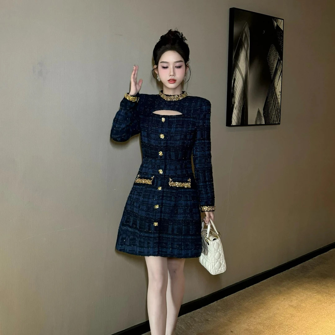 【时时原创】时尚轻奢粗花呢气质轻熟修身秋冬名媛宴会连衣裙15337