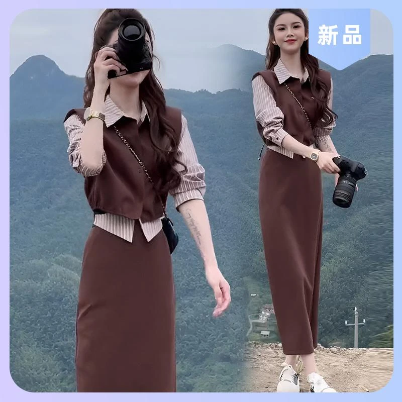 简约通勤风气质时尚套装2025年春秋假两件拼接条纹长袖小衫+半裙