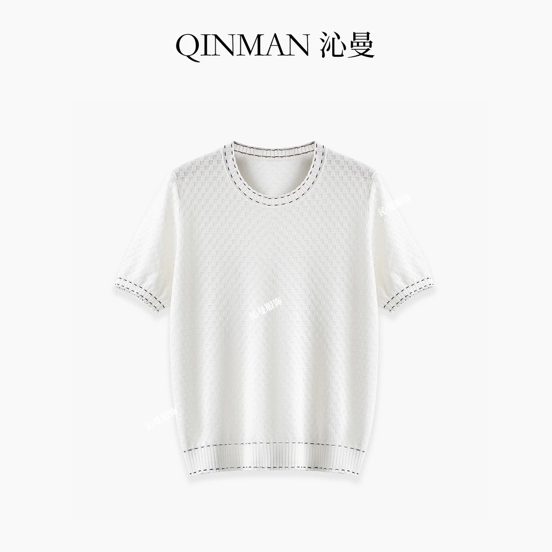沁曼 88228 亲肤透气桑蚕丝短袖针织衫女宽松圆领套头T恤透气小衫