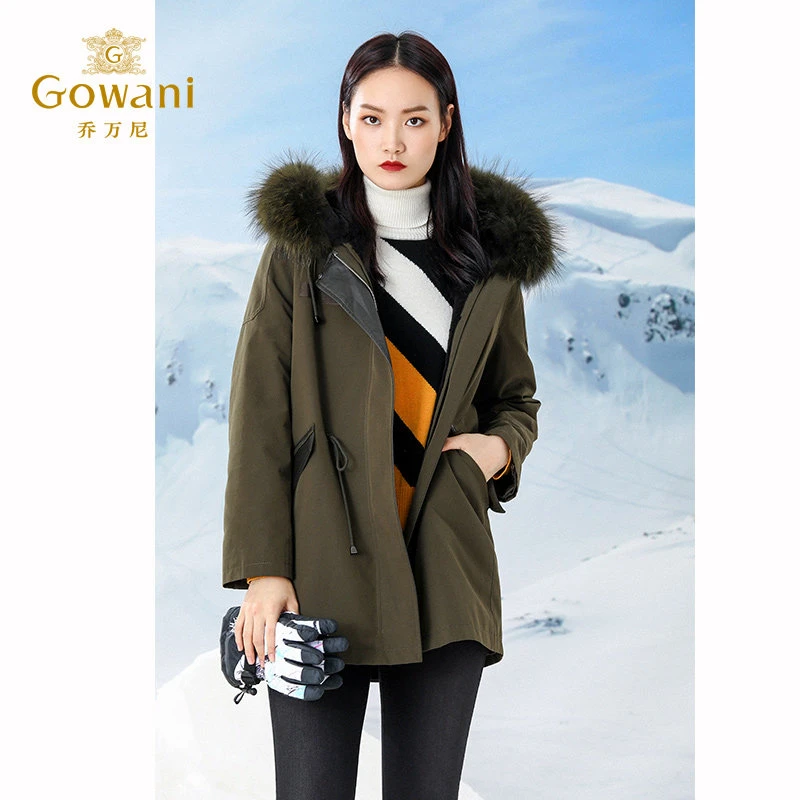 乔万尼新款皮草外套时尚气质大毛领派克服中长款女冬EB4N146