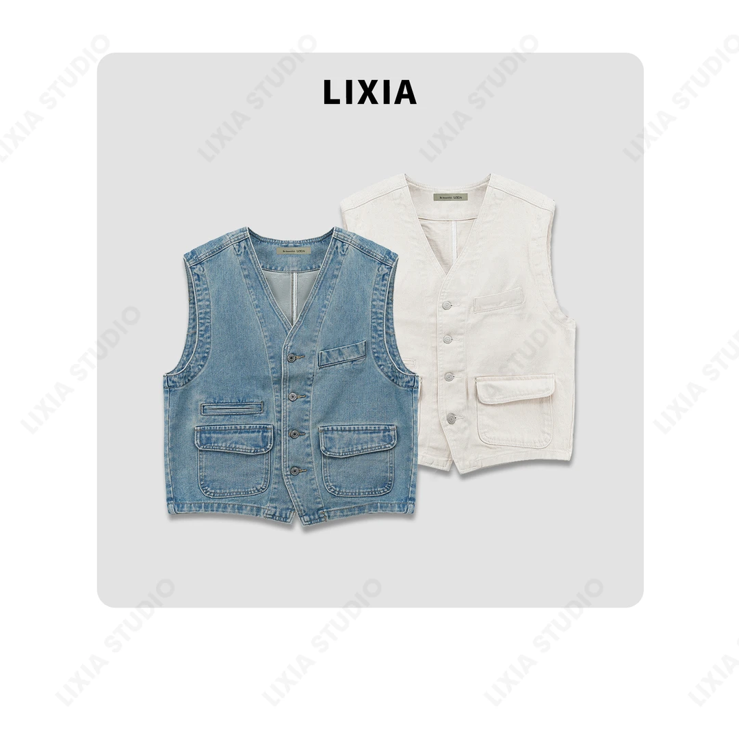 LIXIA【复古女神】早春做旧感V领爆款气质潮流马夹-D6716