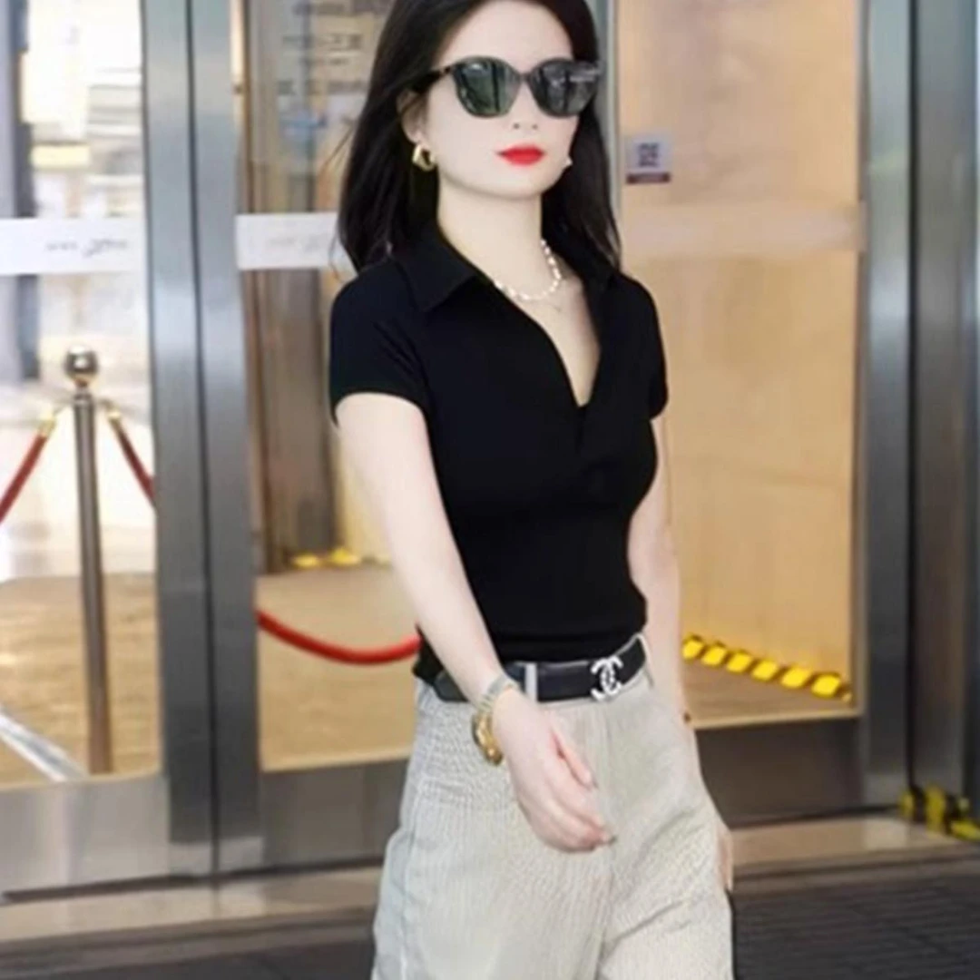 黑色polo领正肩短袖t恤女2025夏季新款时尚洋气质法式上修身t恤女