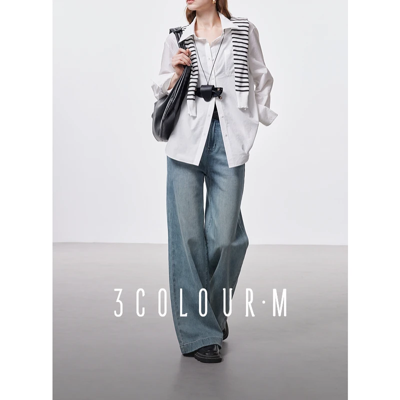 三彩2025夏季新款微喇叭牛仔高腰休闲拖地复古直筒阔腿长裤女M