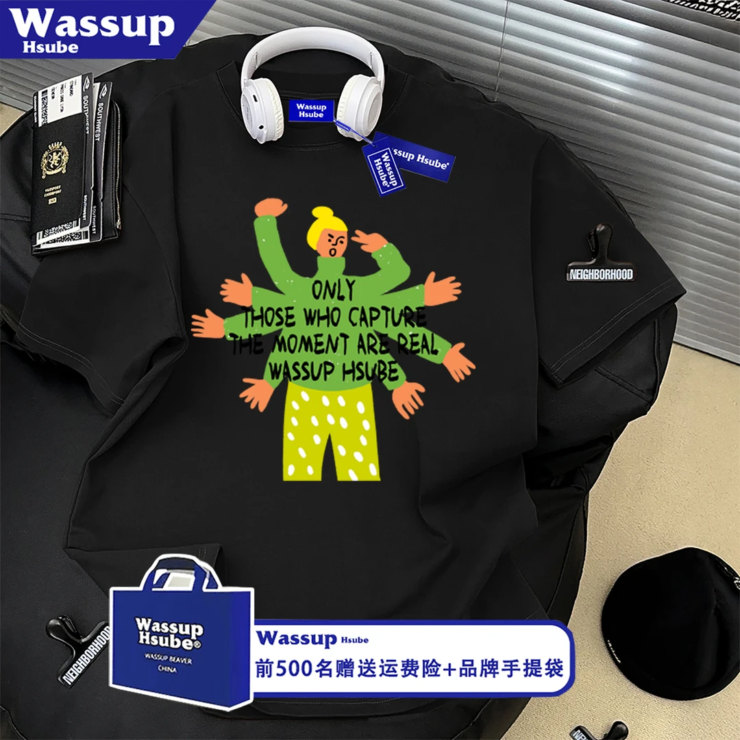 WASSUP HSUBE趣味卡通女孩印花黑色短袖T恤男女学院风百搭上衣服