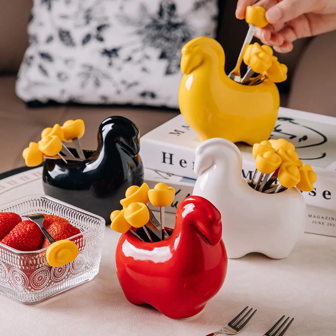 高颜值创意304不锈钢水果叉小马罐子陶瓷餐具家用果签甜品叉家用