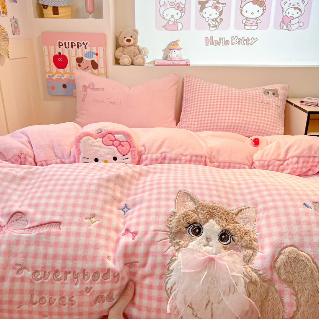 【蜜棉】牛奶绒四件套贴猫猫冬季加绒保暖加厚少女可爱女孩床上用品