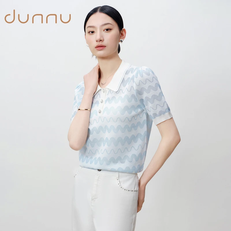 dunnu敦奴翻领修身印花时尚短袖针织衫FT270922.