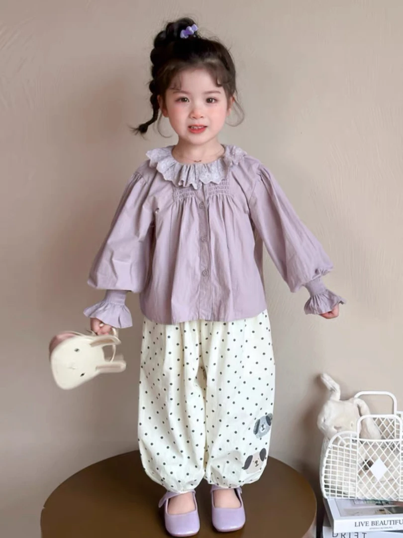 韩版2025洋气春秋季新款蕾丝花边儿童休闲长袖波点阔腿裤套装