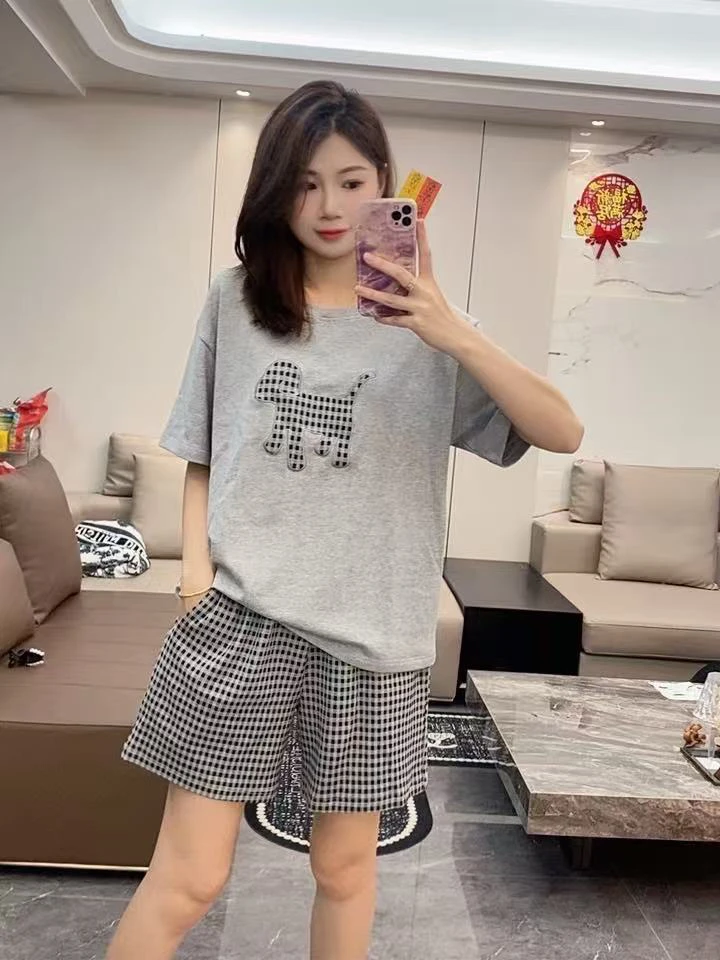 MJL 【带胸垫】夏季女士纯棉睡衣短袖短裤套装(小狗格子灰色)