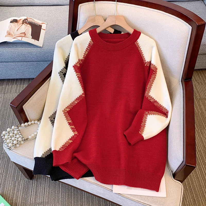 大码女装胖mm秋冬新款红色本命年上毛衣中长宽松超好看显瘦针织衫