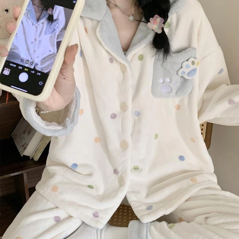 法兰绒睡衣女秋冬季长袖长裤加绒加厚网红可爱少女开衫ins家居服