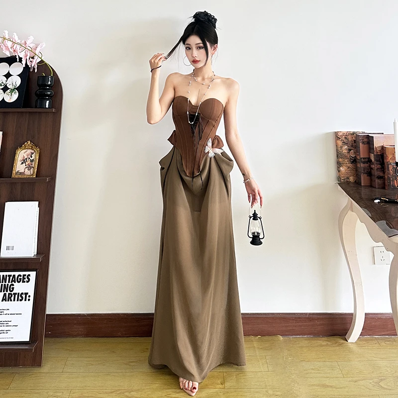 Malou 欧美风咖啡棕美感网纱拼接塑腰修身性感连衣裙女K25D63061