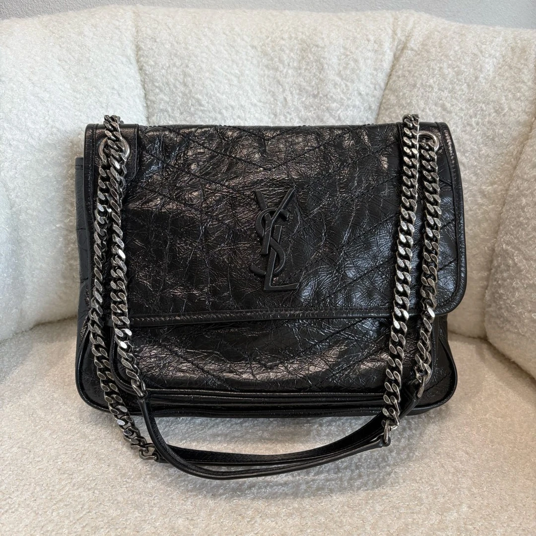 99新 YSL/圣罗兰 Niki中号，油蜡皮，黑银链条包 N0555