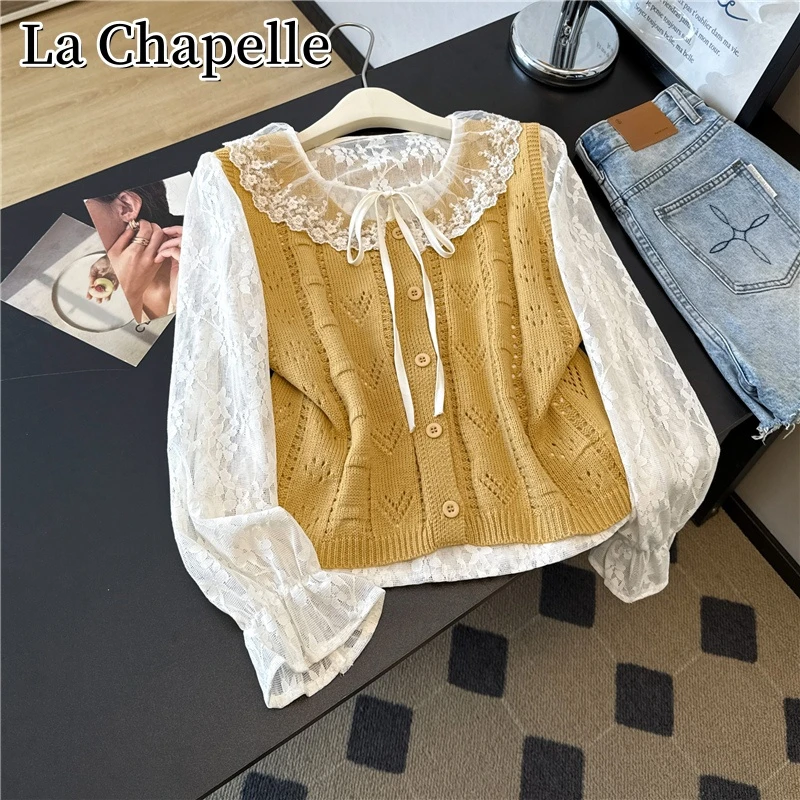 拉夏贝尔秋季蕾丝打底衫+针织背心两件套百搭减龄叠穿显瘦上衣女