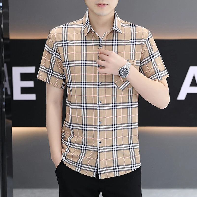 夏季格子短袖衬衫商务休闲格子衫百搭上衣夏装修身衬衣格子衬衫