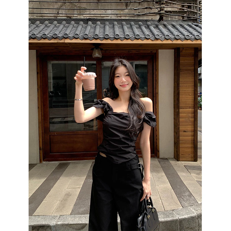 withmin【现货】凉皮 街头甜心 一字肩露肩纯欲上衣短袖T恤2522322
