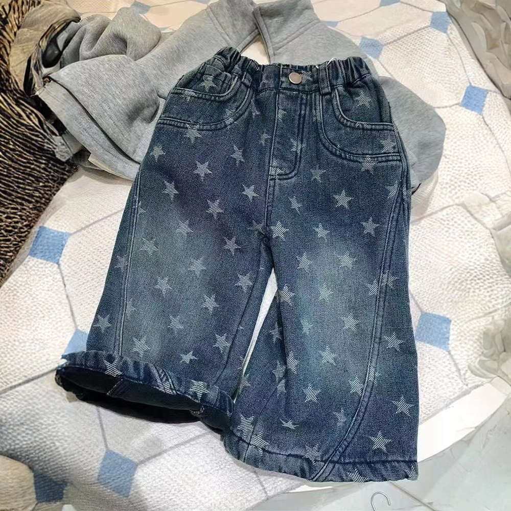 儿童韩版加绒牛仔裤2025冬季新款女童休闲直筒裤中小童洋气裤子潮