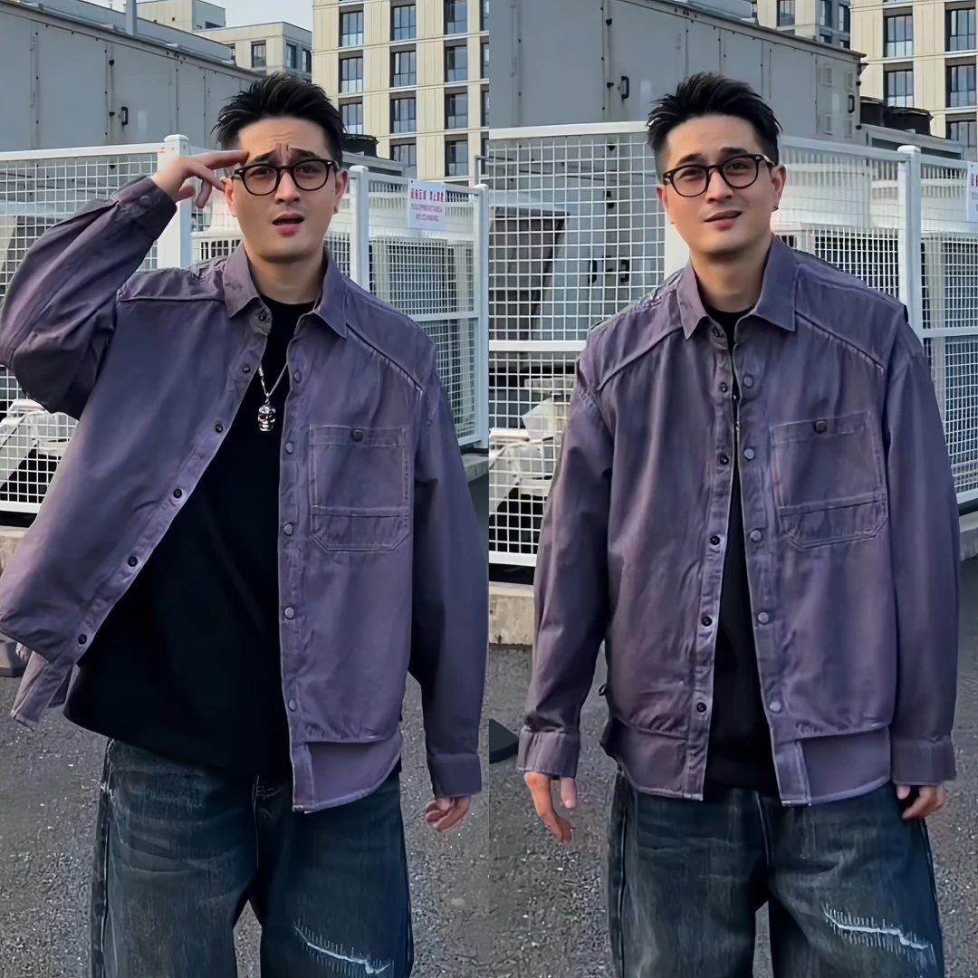 高级感百搭高街宽松假两件拼接叠穿设计衬衫外套秋季男生外套衣服