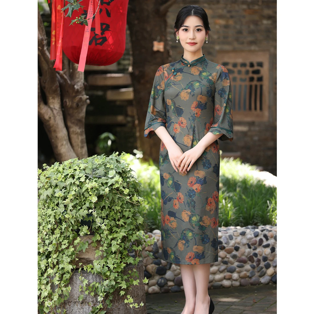 （崔万志旗袍）中式立领 花边袖改良印花旗袍连衣裙DW5365