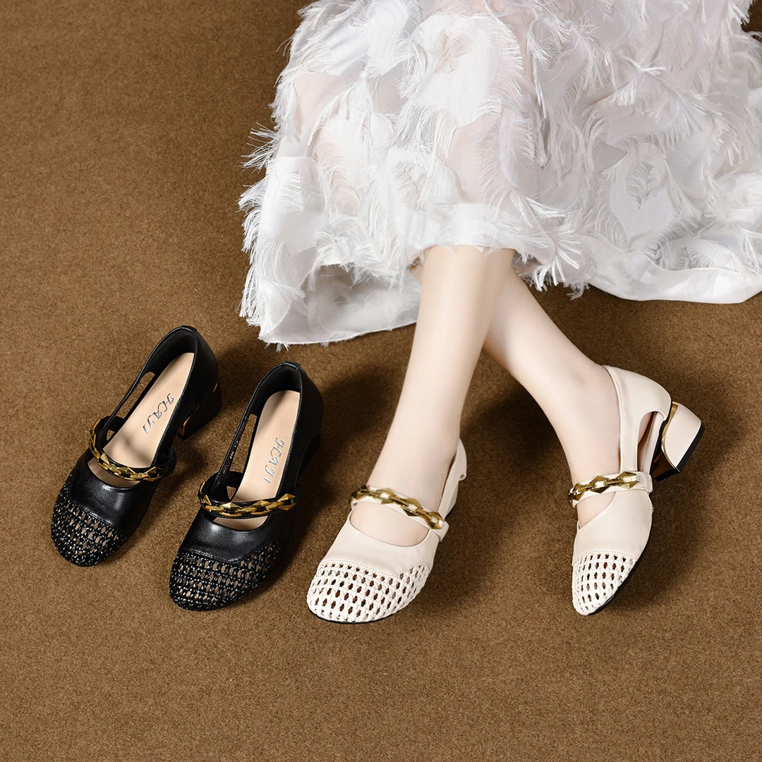 41大码圆头低跟玛丽珍浅口单鞋夏季真皮凉鞋中跟编制透气镂空女鞋